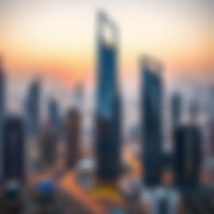 A stunning view of Prism Tower against the Dubai skyline