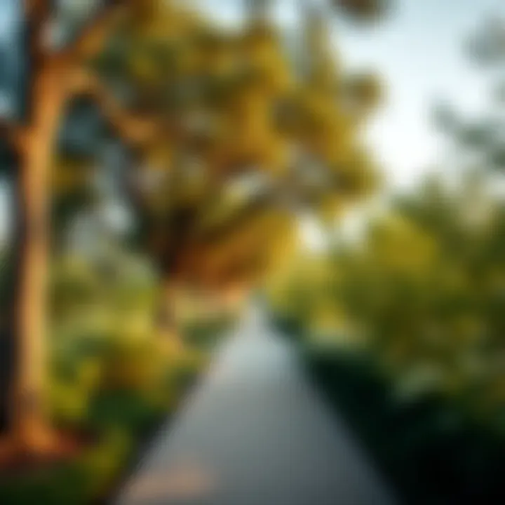 A serene pathway lined with trees, leading through the park's vibrant ecosystem