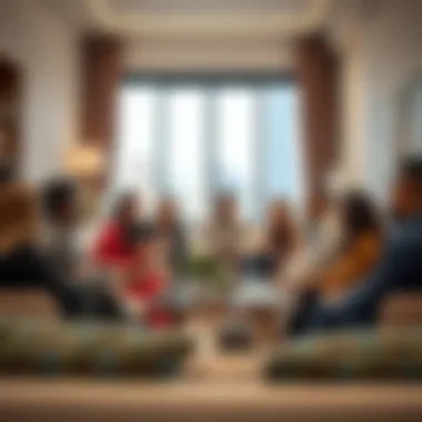 A diverse group of expatriates discussing rental options