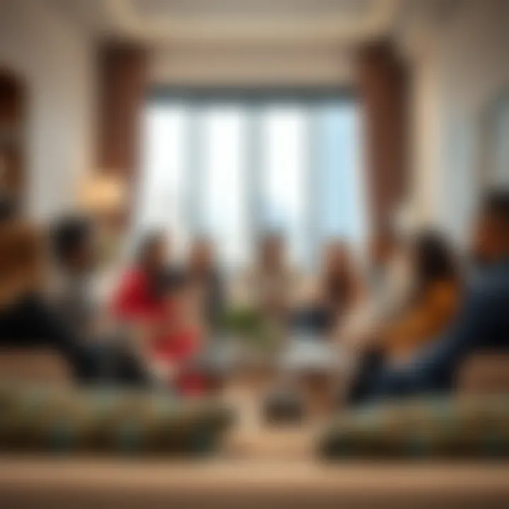A diverse group of expatriates discussing rental options