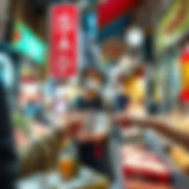 A vibrant market scene in Dubai illustrating currency transactions.